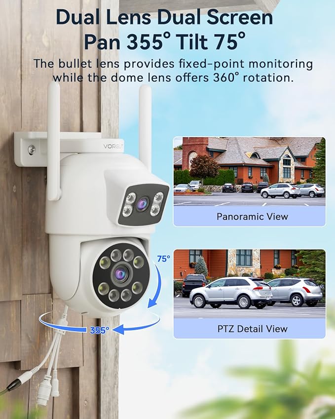 VORGUT Security Camera Outdoor Wireless, Dual Lens 2K (3MP+3MP) 355° PTZ Home Security WiFi Camera Outside Surveillance Indoor, 2.4G WiFi, PIR Human Detection, Auto Tracking, Color Night Vision, White