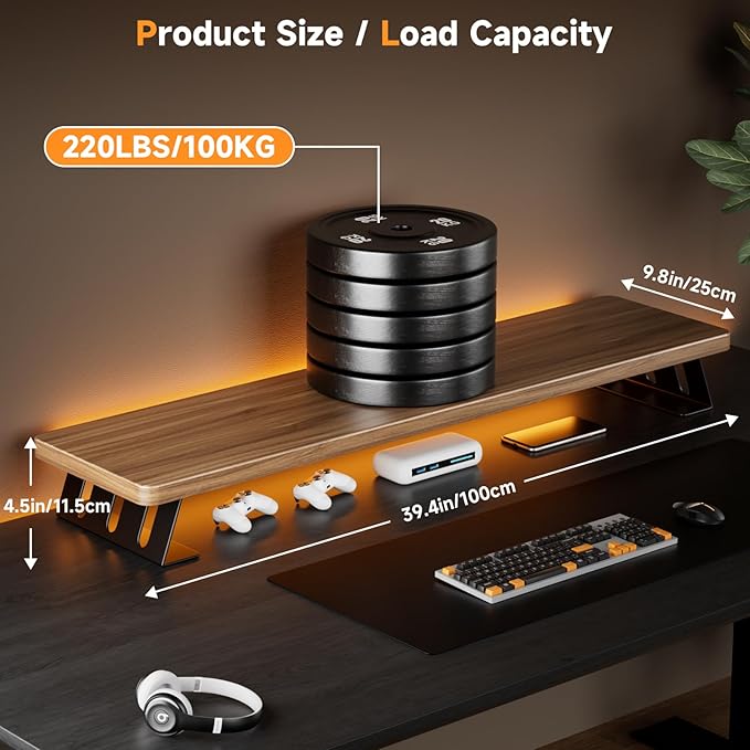 NestNeat Dual Monitor Stand Riser, 39 Inch Large Wood Monitor Stands for 2 Monitors, Desk Monitor Riser for Computer/Laptop/Printer/TV, Stand Riser up to 220 lbs