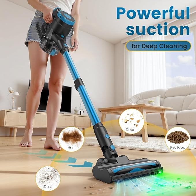 Zefiro 350W Cordless Vacuum Cleaner,45Mins Runtime Vacuum Cleaners for Home, Anti-Tangle and 1.5L Dust Cup, Lightweight Vacuum for Hardwood Floor Carpet Pet Hair (Blue)