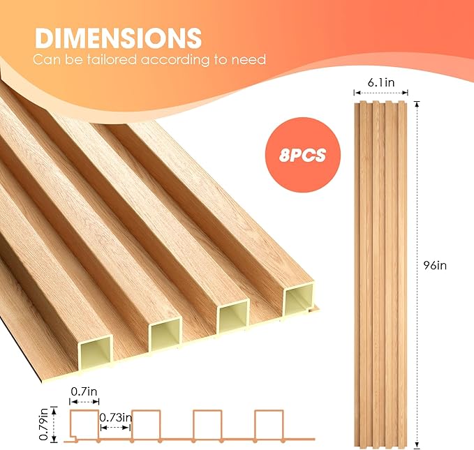 OUZUGIE WPC Acoustic Slat Wall Paneling, 8-Pack 96 x 6 Inches 3D Wall Panels for Interior Wall Decor,Living Room,TV Background,Study Room,Office Spaces,Bedroom,High Grille (Oak)