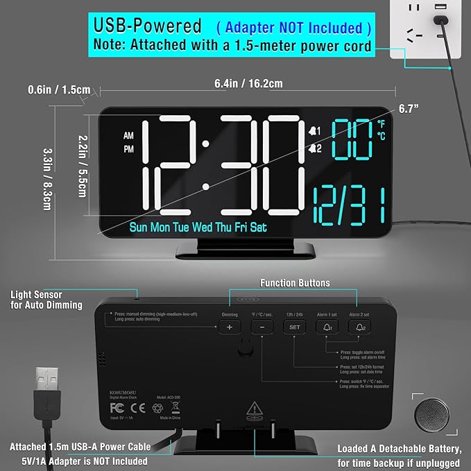 KOSUMOSU Digital Clock for Bedroom 6.7in Small Digital Alarm Clock Black, Dimming,12/24h,Date,Day of Week, Indoor Temperature,Desk Clocks for Classroom, LED Clocks for Living Room, Digital Calendar