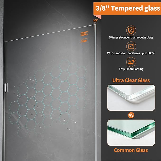 Shower Glass Panel, 34" W x 78.75" H Fixed Shower Screen Panel with 3/8"(10mm) SGCC Ultra Clear Tempered Glass, Frameless Walk in Shower Door with Easy‑Clean Coating (Chrome, 34" W x 78.75" H)