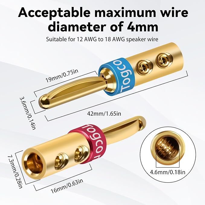4mm Speaker Banana Plugs (6 Pairs, 12 Pcs),24K Gold Plated Banana Speaker Wire Banana Plugs Connectors for Speaker Wire, Wall Plate, Home Theater, Audio/Video Receiver, Amplifiers and Sound Systems