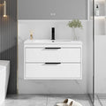eclife 30" Bathroom Vanities Cabinet with Sink Combo, Wall Mounted Floating Cabinet W/Decor Line, Soft-Close System, 2 Extra Big Drawers, Matte Black Faucet, White