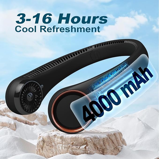 CIVPOWER Neck Fan: Portable Personal Neck Cooling Rechargeable Bladeless Fan - Hands Free 3 Speed 4000 mAh Battery USB Operated Wearable Headphone Design - for Men Women Outdoor Indoor (Black)