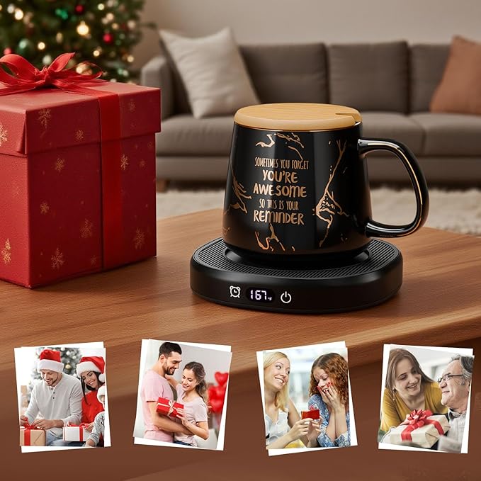 Coffee Mug Warmer, You are Awesome Mug with Coffee Warmer Set, Electric Coffee Cup Warmer for Desk 8H Auto Shut Off, Tea Beverage Warmer with 4 Temperature Setting, Birthday Christmas Women Man Gifts
