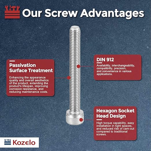 Kozelo 10pcs Socket Head Cap Screws - [M8-1 x 60mm] 304 Stainless Steel Allen Socket Drive for Electrical Motor 3D Printing Fan Engine Replacement Use, Silver