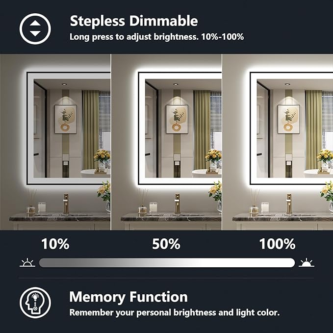 YEELAIT 55x40 Inch LED Bathroom Mirror with Lights (Front Lit and Backlit) Black Framed Lighted Vanity Mirror for Bathroom Wall Dimmable Anti-Fog Memory Tempered Glass Horizontal/Vertical
