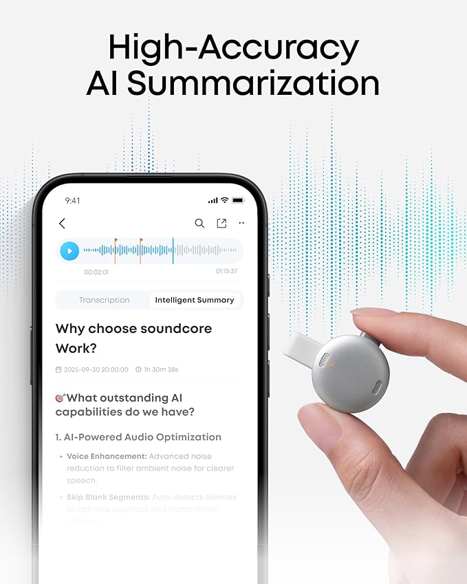 soundcore Work by Anker, Portable AI Voice Recorder, AI Note Taker, AI Transcription & Summarization, 6-Month Pro at No Charge, Cross-Meeting Summary, MFi Certified, Privacy Protection