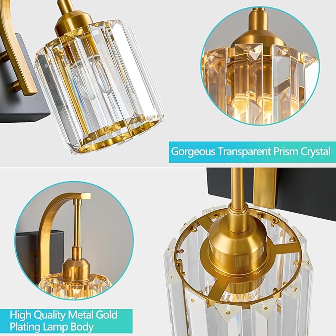 FDPBY Bathroom Crystal Vanity Lights 2-Light Black Gold Wall Lamp Modern Crystal Bathroom Light Fixtures Over Mirror 13.77" Long Wall Sconce