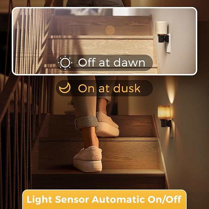 L LOHAS LED Night Lights Plug into Wall, Linen Fabric Cylinder Decor Night Light, Dusk to Dawn Sensor Vintage Nightlight, 0-100LM Dimmable, for Bedroom Living Room Hallway