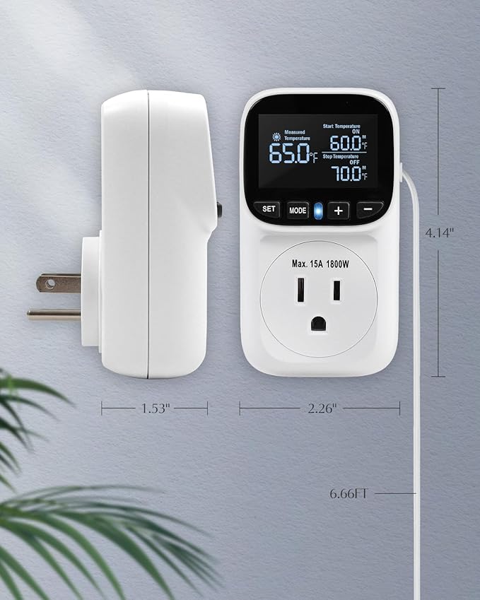 ZILLSEA Digital Temperature Controller, Heating & Cooling Thermostat Plug Outlet, –40°F~210°F, 15A 1800W, LCD Display, Temperature Controlled Outlet for Home, Greenhouse, Chicken Coop, Reptile