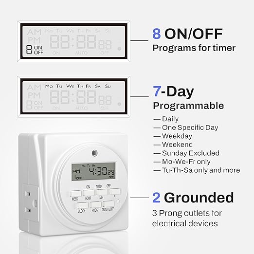 BN-LINK Indoor Digital Timer Outlet, Dual Outlet 7 Day Programmable Light Switch, 3 Prong Plug in Timers for Electrical Outlets, Lamps, Fans, 8 On/Off Programs, 1 Pack, 15A/1875W, ETL Listed