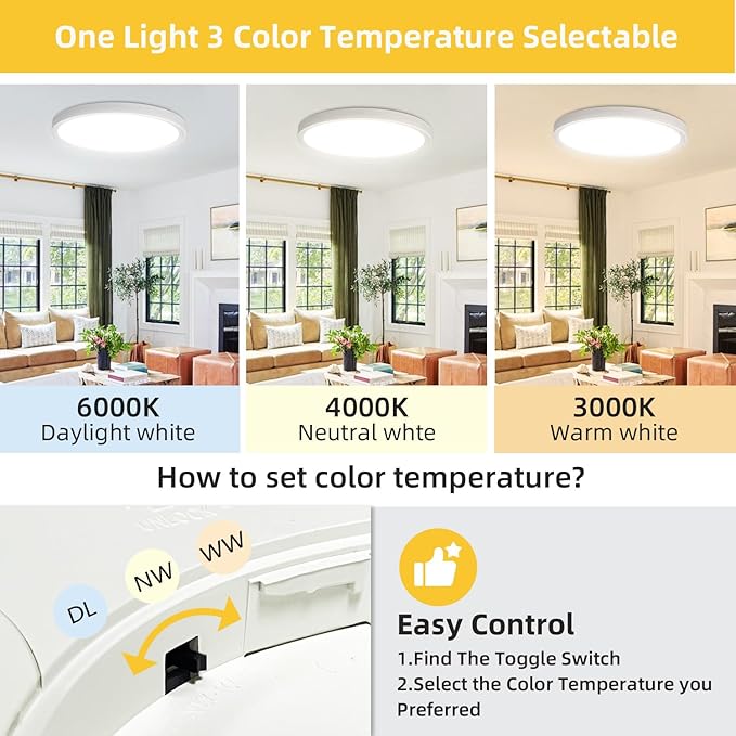 RLEDPZTX 4PK 12 Inch LED Flush Mount Ceiling Light, 24W, 2520LM,3000K/4000K/6000K CCT Selectable, Round Flat Panel Low Profile Ceiling Light Fitures for Hallway, Kitchen, Bedroom, Laundry Room,White