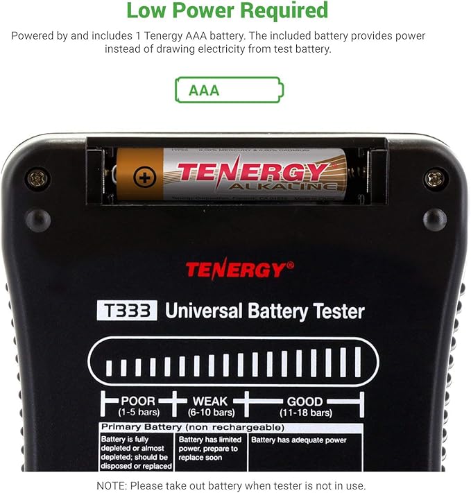 Tenergy T-333 Universal Battery Tester, LCD Display, Cell Checker, Multi-Purpose Small Battery Tester, for AA, AAA, C, D, 9V, CR123A, CR2, CRV3, 2CR5k CRP2, and Button Cell Batteries