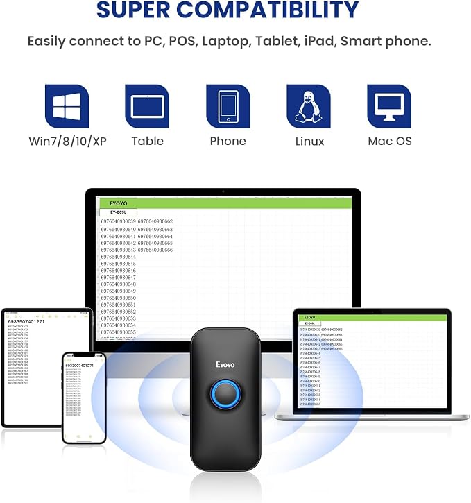 Eyoyo Mini 1D Bluetooth Barcode Scanner, 3-in-1 Bluetooth & USB Wired & 2.4G - Image 7