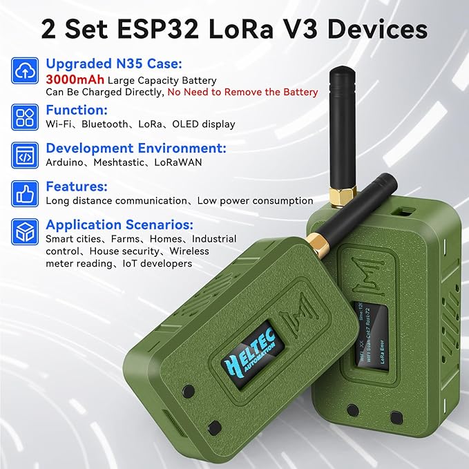 Meshnology 2 Set ESP32 LoRa V3 Module Board with 915 MHz Antenna + 3000mAh Battery + Case - WiFi Blue Tooth SX1262 CP2102 0.96” OLED Display Type C for Ar duino Meshtastic IoT (N35, Green)