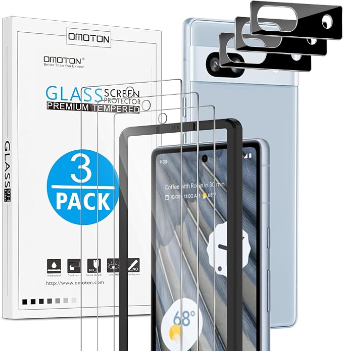 OMOTON Screen Protector for Google Pixel 7A 5G, 3 Pack Tempered Glass & Camera by OMOTON