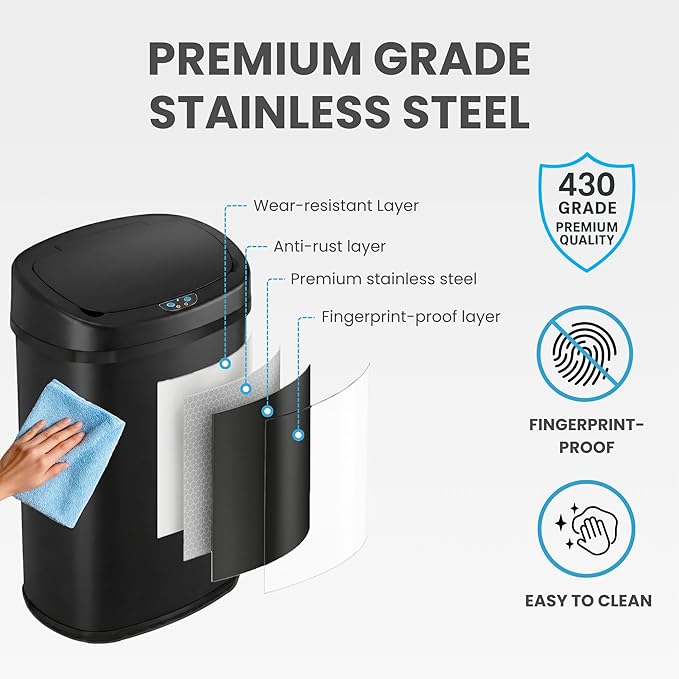 iTouchless 13 Gallon Oval Sensor Trash Can with Odor Filter, Automatic Motion Sensor Kitchen Bin, Slim Curved Soft-Close Matte Black Stainless Steel, Fingerprint-Proof Modern Decor