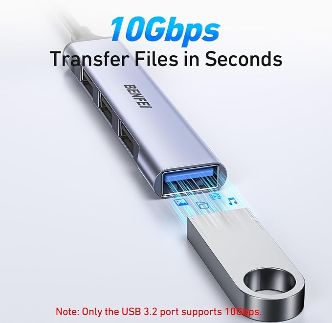 BENFEI 4-Port USB Hub: 1x 10Gbps USB 3.2 + 3X USB 2.0- for Mouse, Keyboard, Flash Drive, Printer - Compatible with Laptop, PC, Xbox, PS5