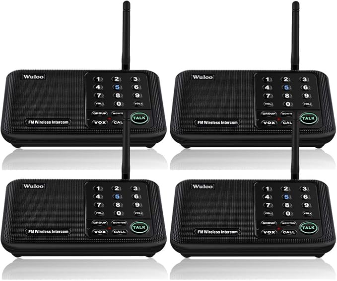 Wuloo Intercoms Wireless for Home 5280 Feet Range 10 Channel 3 Code, Wireless Intercom System for Home House Business Office, Room to Room Intercom, Home Communication System (4 Units Set, Black)