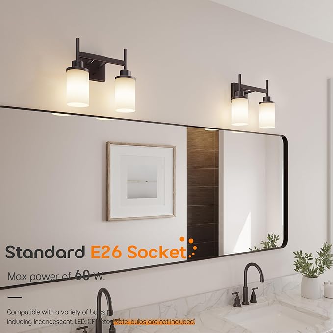 AONEON Wall Lights Over Mirror Bathroom Vanity Light Fixtures with White Frosted Glass, Double Wall Sconces for Hallway Entrance, Oil Rubbed Bronze T001ORB-L2
