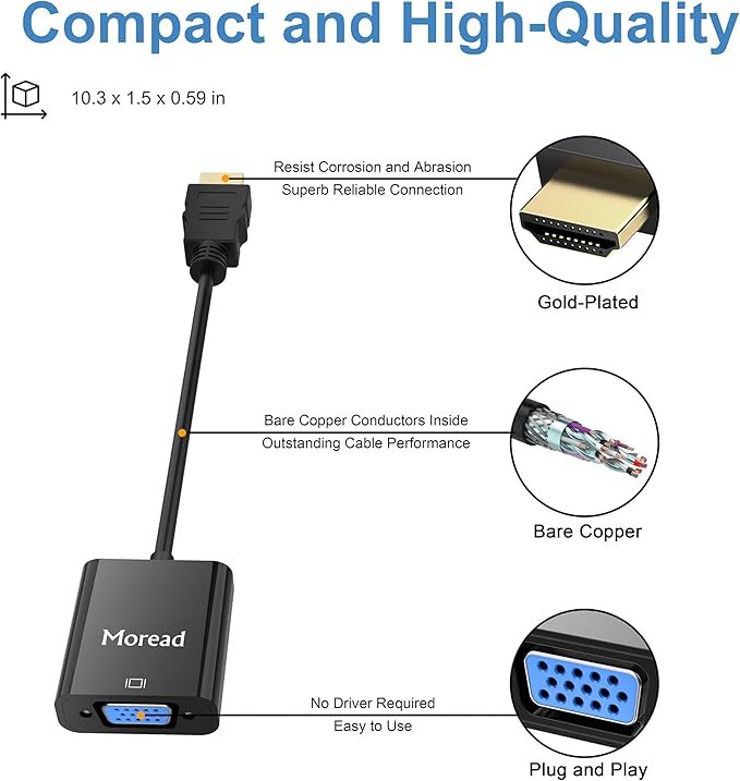 Moread HDMI to VGA, 2 Pack, Uni-Directional Gold-Plated HDMI to VGA Adapter (Male to Female) for Computer, Desktop, Laptop, PC, Monitor, Projector, HDTV, Chromebook, Raspberry Pi, Xbox and More