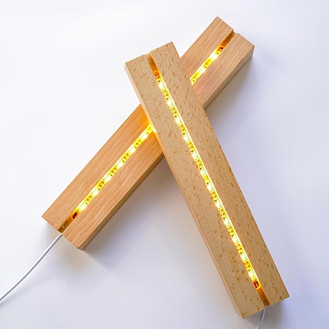 ZEERSHEE 2 Pcs 9.4 Inch Wooden Rectangle LED Light Display Pedestal for Acrylic and Plexiglass Crystal Glass Resin Night LED Light Lamp Base with USB Switch(Warm Light)