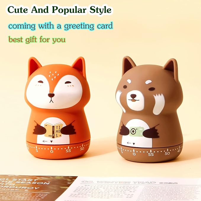 NUOSWEK Mechanical Kitchen Timer, Cute Animal Wind Up 60 Minutes Manual Countdown for Kids, Classroom, Home, Study and Cooking (Orange Fox)