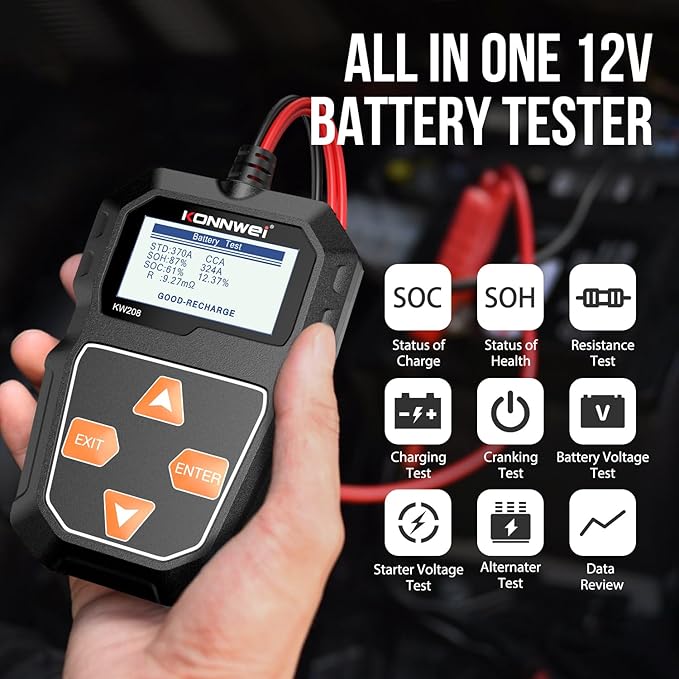 KONNWEI KW208 12V Car Battery Tester, Battery Load Tester Automotive 12V Alternator Starter Tester Digital Auto Battery Analyzer Charging Cranking System Tester for Car Truck Marine Motorcycle Boat