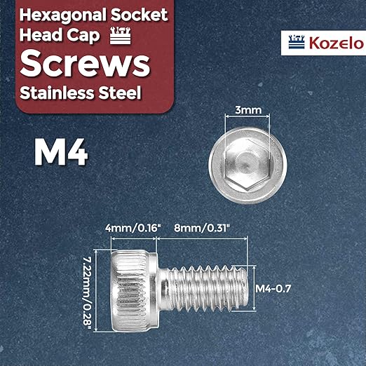 Kozelo 100pcs Socket Head Cap Screws - [M4-0.7 x 8mm] 304 Stainless Steel Allen Socket Drive for Electrical Motor 3D Printing Fan Engine Replacement Use, Silver