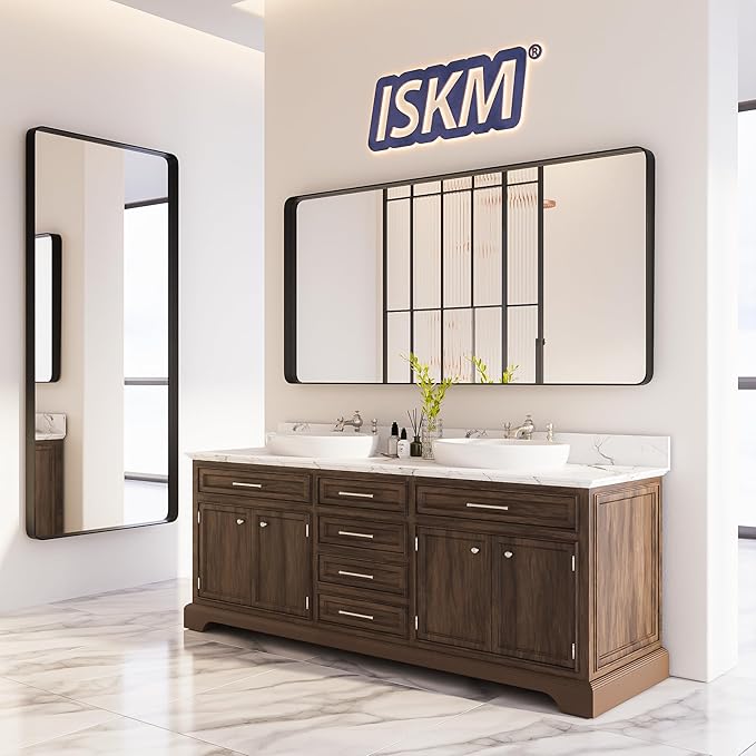 ISKM Black Bathroom Mirror for Wall 40" x 36" Matte Black Framed Vanity Mirror, Shatter-Proof, Tempered Glass, Rounded Rectangle Mirror(Horizontal/Vertical)