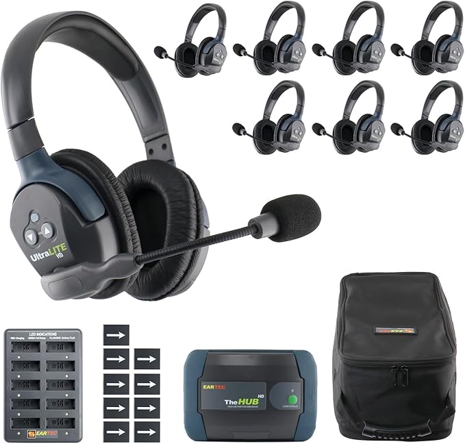 EARTEC HUB8D Ultralite-HD 8 Person Full Duplex Wireless Intercom Headset Communication System, Dual Ear Headsets, Up to 1000ft Range, U.S. Company