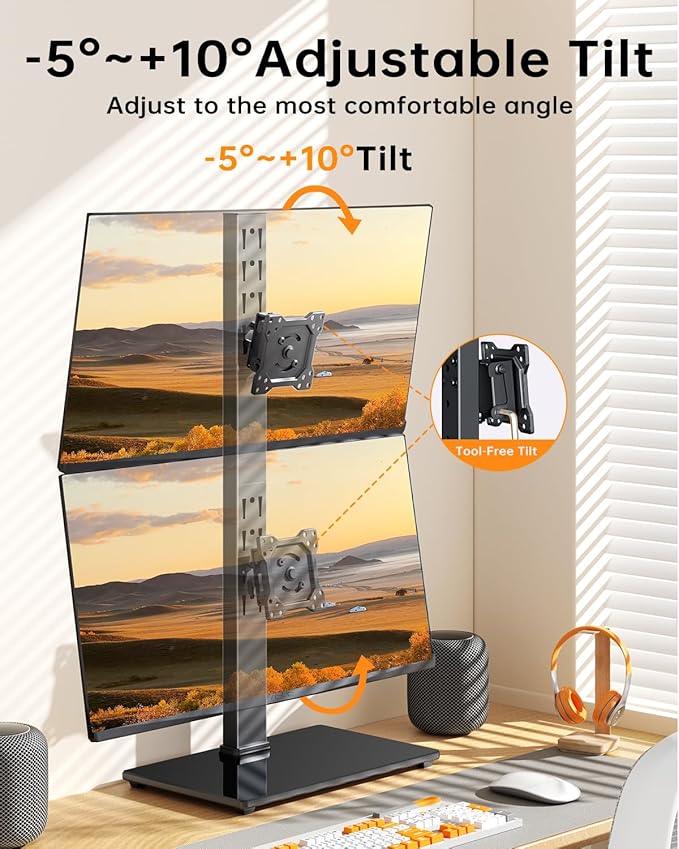 Dual Monitor Stand, FreeStanding Desk Stand for Two 13-32 inch Screens, Vertical Monitor Riser with Swivel, Tilt, Rotation, 4 Height Options, Holds One (1) Screen Up to 77Lbs, VESA 75x75mm/100x100mm