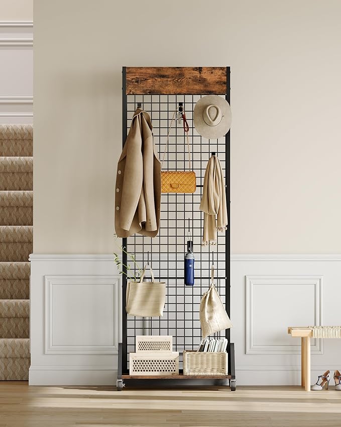CHOEZON Grid Wall Panel, 2’ x 5.7’ Ft Floor Standing Gridwall Display Rack, Retail Display Stand, with 4 S-Shaped Hooks and 4 Garment Hooks for Entryway Kitchen Outdoor, Rustic Brown and Black TCJ27BF
