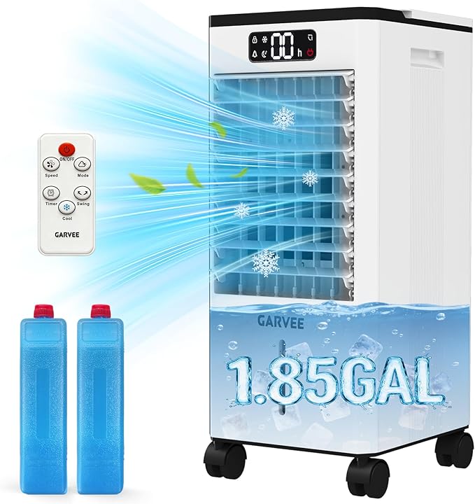 Portable Evaporative Air Cooler, 1.84Gal Touch Screen Cooler Fan with Remote Control, 3 Speeds 3 Modes LED Display, Ice Packs & Rolling Casters Included, Quiet 3-in-1 Cooling for Bedroom Home Office