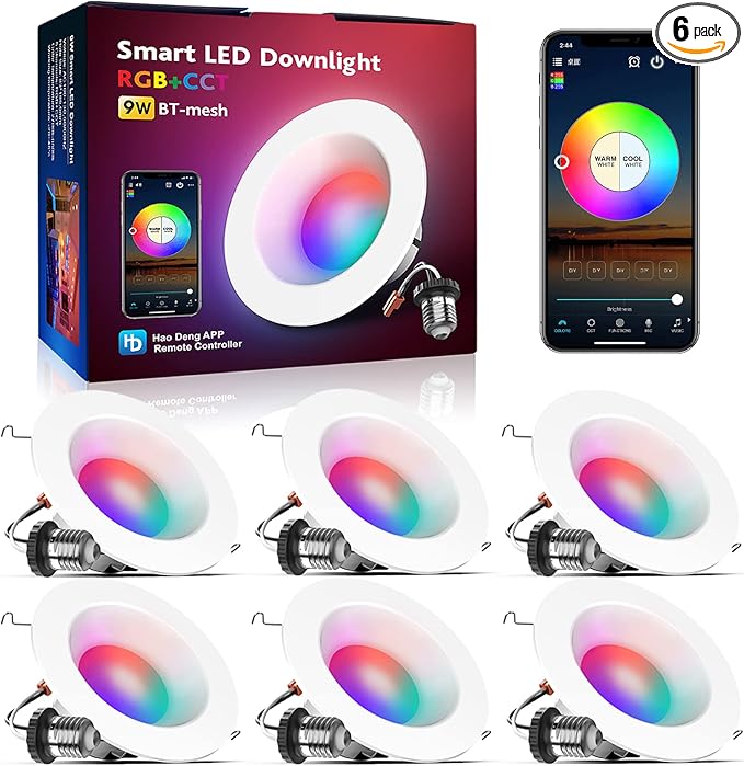 VANANCE Smart Recessed Light 6 Inch, APP Control, Dimmable, RGBCW, Cool to Warm White, 2700K~6500K, CRI80+, Color Changing Retrofit LED Can Light, Bluetooth Mesh Smart Home Lighting, 6Pack