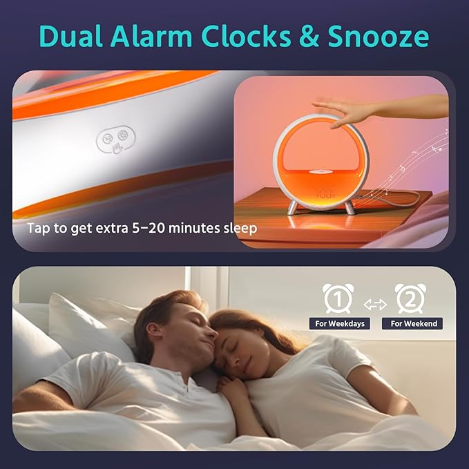 MOMILLA Sunrise Alarm Clocks with Bluetooth Speaker, White Noise Sound Machine with with Wireless Charging Station, 11 Lights Effects Night Light, Wake up Light Sunset Lamp Bedrooms for Adults Kids