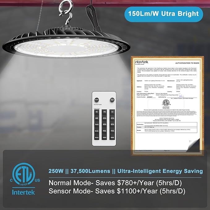 Lightdot Smart 250W High Bay LED Shop Lights 37,500LM High Bay Lights with Controller (Normal Mode & Motion Sensor Mode) ETL-Listed Plug & Play for 30-40FT Height Warehouse-6Pack 6Yrs Warranty