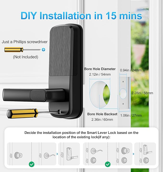 Aceele Keyless Entry Fingerprint Smart Door Lock, Built-in Wi-Fi, Electronic Lock for Front Door with Touch Digital Keypad and Handle, Automatic Door Knob for Apartment/Home/Bedroom(Black)