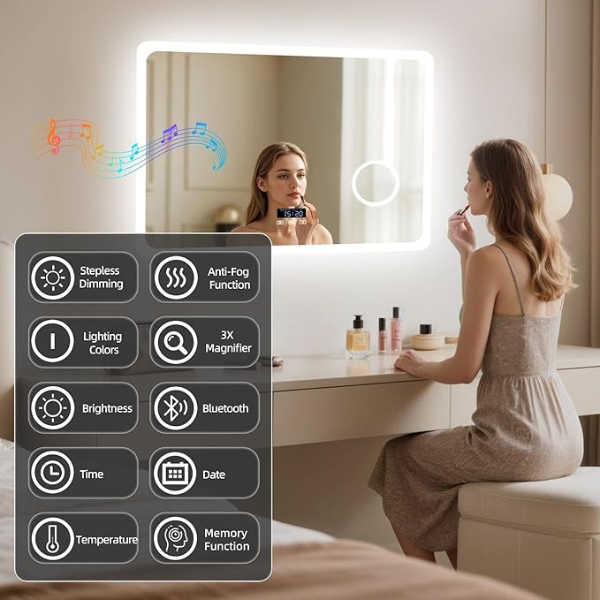 LUVODI LED Bathroom Mirror Rectangle: 32x24 inch Lighted Makeup Vanity with Bluetooth Speaker, Time Display, Magnifier, Anti-Fog, Memory Function, 3 Color Temperature