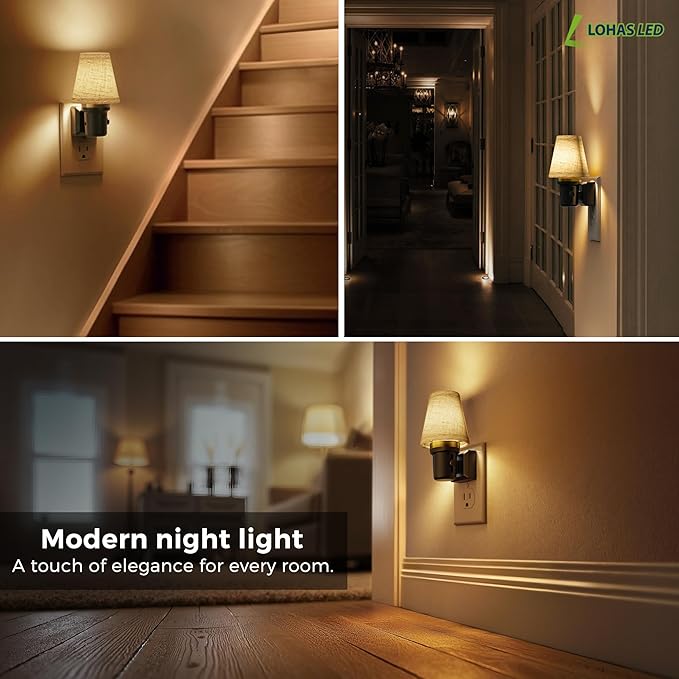 L LOHAS LED Night Lights Plug into Wall, Linen Fabric Round Platform Decor Night Light, Dusk to Dawn Sensor Vintage Nightlight, 0-100LM Dimmable, for Bedroom Living Room Hallway