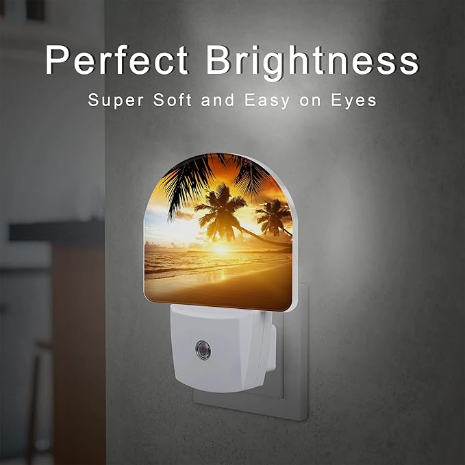 sndheke Tropical Ocean Beach Night Light, Palm Trees at Sunset Dusk to Dawn Night Light Plug in,0.5w Energy Saving Sleep Friendly NightLight for Kids Boys Girls Home Decor
