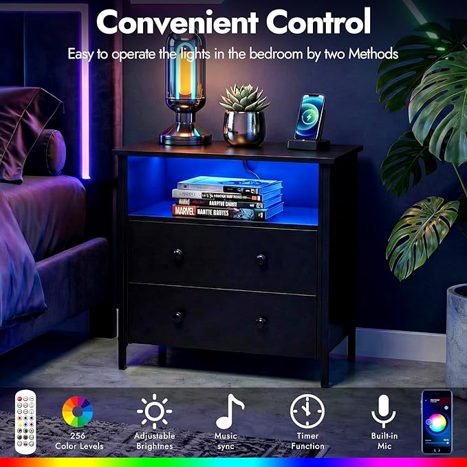 Tykacna 27 Inch Wide Night Stand, Large Wood Night Stand with 2 Drawer, LED Nightstand with Charging Station and Adjustable Drawer, Bedside Table for Living Room/Bedroom/Study/Office, Black.