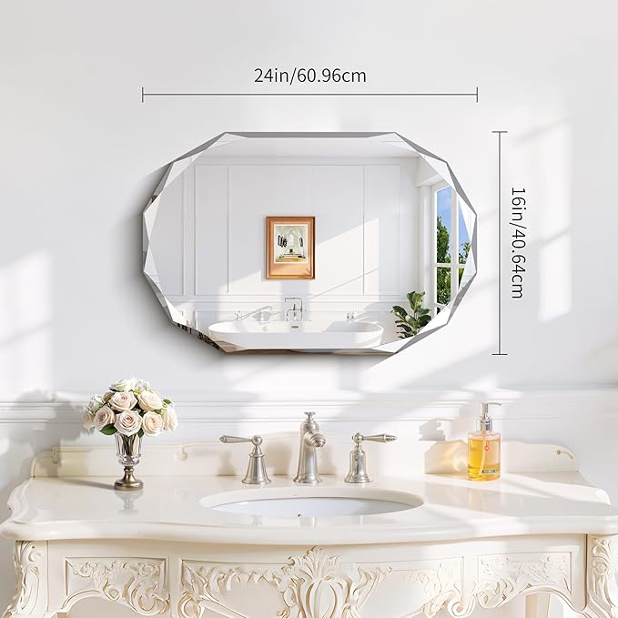 GLASHOM Beveled Edge Frameless Bathroom Mirror, Oval Wall Mirror for Over Sink, 16" x 24" Modern Decorative Vanity Mirror for Bedroom, Living Room, Entryway, Hanging Mirror Horizontal or Vertical