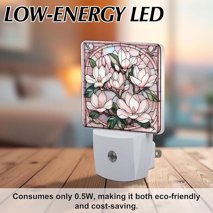 PODMemory Magnolia Stained Glass Night Lights Plug into Wall for Room, Magnolia Night Light LED for Bedroom