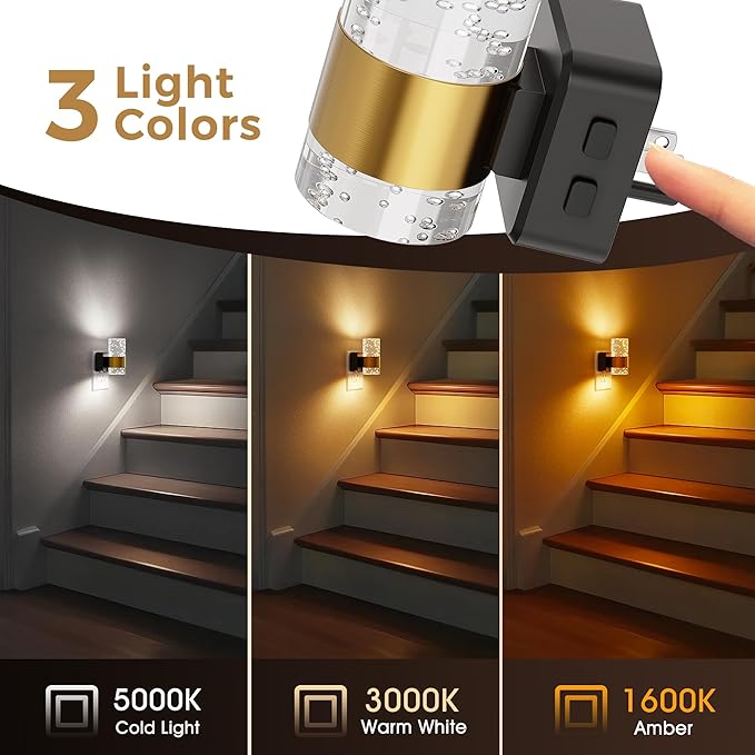 Night Lights Plug into Wall 2 Pack, Dimmable Night Light with Dusk-to-Dawn Light Sensor, Soft White/Cool White/Amber 3 Light Color, Adjustable Brightness, Rotatable plug, Bubble Nightlight for Hallway
