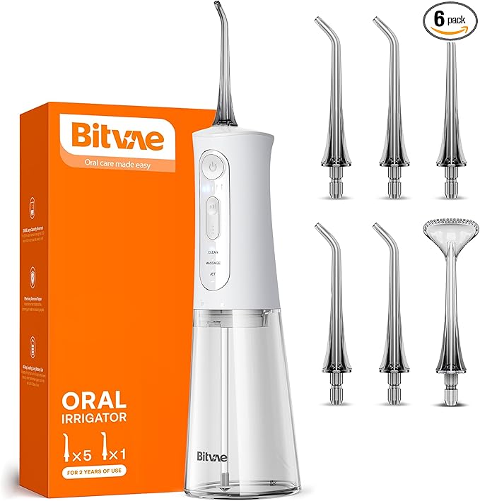 Bitvae Water Dental Flosser for Teeth, Rechargeable Water Teeth Cleaner Picks, 3 Modes 5 Intensities, IPX7 Waterproof, Oral Irrigator USB Cordless Water Dental Picks for Cleaning - Frost White