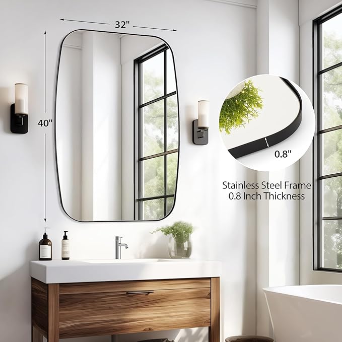Black Oval Mirror, 32"×40" Bathroom Mirror for Wall Vanity with Stainless Steel Metal 0.8" Thin Frame, Oblong Bathrrom Mirror Modern Anti Rust