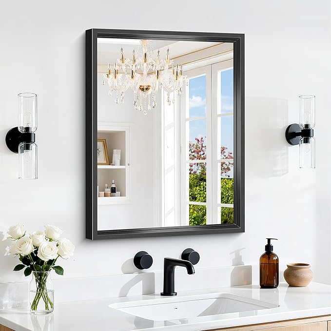 Black Bathroom Mirror, 18x24 Inch Rectangle Mirrors for Wall, 0.6" Thickened Deep Frame, Brushed Black Mirrors for Over Sink, Shatterproof Tempered Glass, Antirust, Horizontally or Vertically